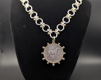 Equestrian Horse Coin Pendant Necklace: Silver & Gold Link Chain