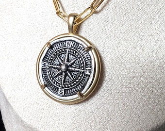 Compass Rose Coin Necklace: Symbolic Gold Pendant, 20&quot; Paper Clip Chain