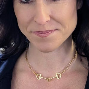 Gold Snaffle Bit Necklace: Equestrian Pendant, dainty paperclip Link Chain