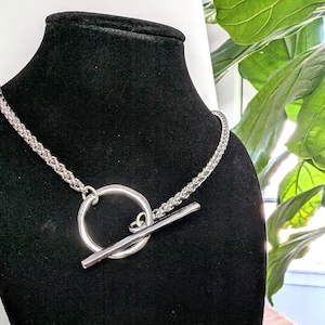 Rhodium Plated Woven Wheat Chain Toggle Necklace - 18&quot;
