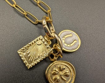 Good Luck Charm Necklace: Four Leaf Clover, Horseshoe, Sunrise Charms