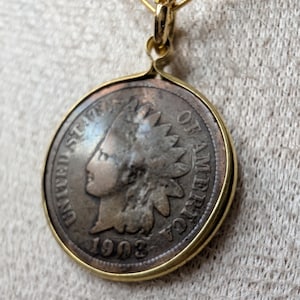 Indian Copper Penny 1902 Pendant Necklace: Gold Plated Paper Clip Chain