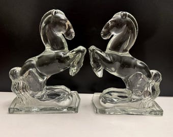 Vintage L.E. Smith Clear Glass Horse Bookends, Mid Century Modern Rearing Stallion Library Decor, Heavy Glass Equestrian Gift, 1960s Art