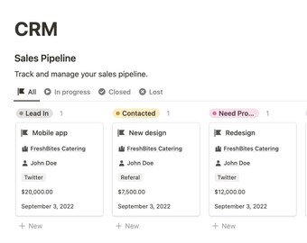 Notion CRM-sjabloon, CRM, klantrelatiebeheer, Notion-sjabloon, verkoop, verkooppijplijntracker, contacttracking