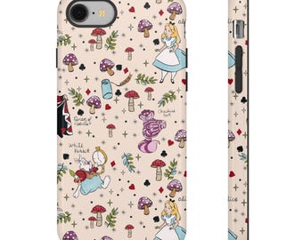 May include: A phone case featuring a whimsical Alice in Wonderland design. The case is beige with illustrations of Alice, mushrooms, the Cheshire Cat, and other iconic characters. The side of the case is also decorated with a matching pattern.