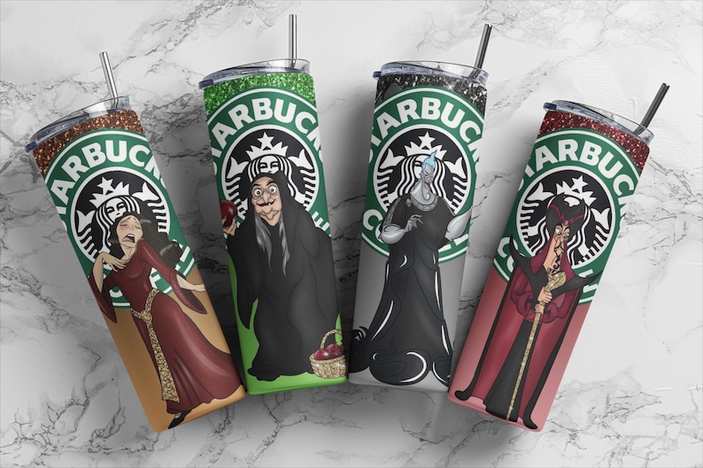 K&ouml;nnte beinhalten: Vier Edelstahlbecher mit verschiedenen Disney-Schurkenfiguren. Jeder Becher hat ein Starbucks-Logo mit dem Gesicht des Schurken in der Mitte. Die Becher sind gr&uuml;n, schwarz, rot und braun.