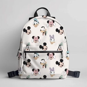 May include: White backpack featuring a repeating pattern of Mickey Mouse, Minnie Mouse, Donald Duck, Goofy, and Daisy Duck faces. The backpack has black straps, a top handle, and a front zipper pocket. A fun and colorful accessory for Disney fans.