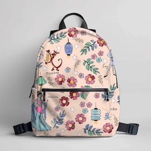 May include: A peach-colored backpack featuring a repeating pattern of floral and character illustrations. The design includes pink flowers, green leaves, stars, and images of a dragon, a woman, and lanterns. The backpack has a black handle and straps.