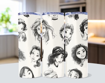 Disney Princess Sketch Tumbler 20oz Skinny Cup – Hand Drawn Princess Art Travel Mug | Ariel Belle Jasmine Moana Cup | Disney Gift for Her
