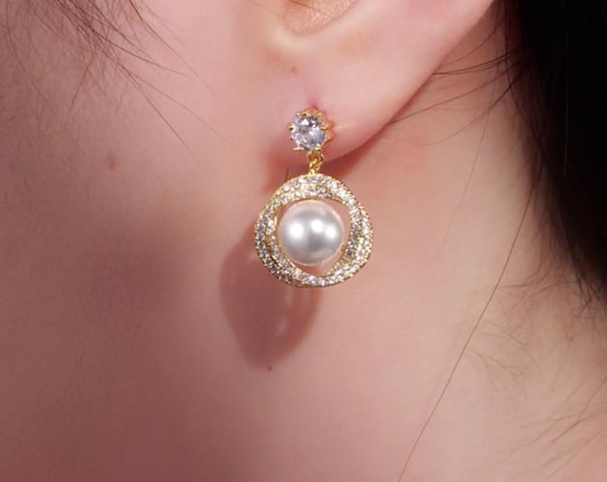 Featured listing image: 18k yellow gold made with swarovski crystal infinity pearl stud dangle earrings