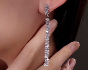 Sterling Silver CZ Tennis Earrings: Long Rhinestone Dangle