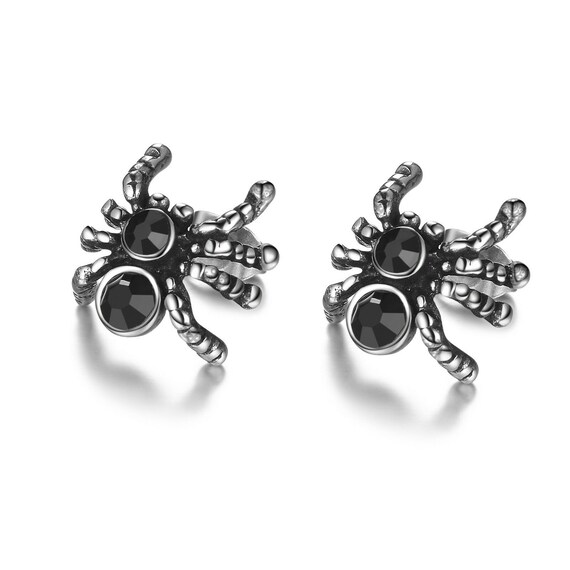 silver stud stainless steel black crystal vintage style spider earrings Gothic 