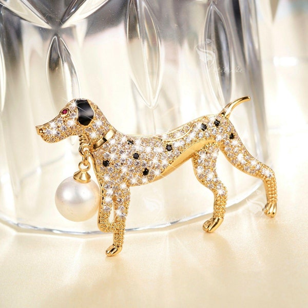 18K Gold Gp Made With Swarovski Crystal Pearl Dalmatian Dog Brooch Black Clear