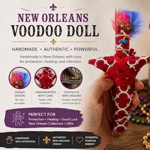 May include: A red fabric doll with a white geometric pattern, wrapped in red twine, featuring blue bead eyes and colorful feathers on top. The doll is displayed alongside text reading New Orleans Voodoo Doll, Handmade, Authentic, Powerful.