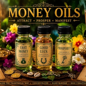 Puede incluir: Tres botellas de vidrio de aceites de dinero con tapas negras, etiquetadas como "Fast Money", "Good Luck" y "Prosperity". Las botellas están rodeadas de monedas, flores e incienso. El texto "Money Oils" está en la parte superior.
