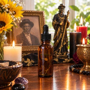 May include: An amber glass dropper bottle with a black cap, containing a liquid with a small yellow flower inside. The bottle is positioned on a wooden surface, surrounded by a framed portrait, a statue, candles, and various decorative items.