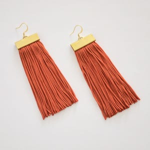 以下が含まれることがあります： ゴールドのバーが上部にあり、焦げ茶色のタッセルが付いた、長いタッセルイヤリングのペア。