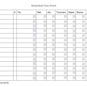 Puede incluir: Una hoja de estadísticas de baloncesto en blanco con columnas para el nombre, el número, los puntos, los rebotes, las asistencias, las pérdidas de balón, los robos, los tapones y las faltas. La hoja tiene el título "Basketball Stat Sheet" y un espacio en la parte inferior para "Opponent:".