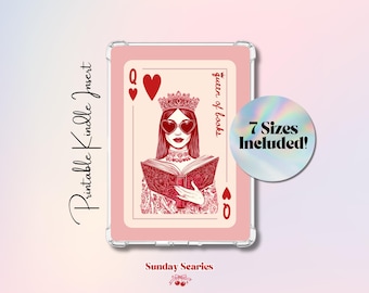 Queen of Books Kindle Insert, Kobo Insert, Queen of Hearts Playing Card, Girly Cutesy Kindle Accessory, Disco Cherry Retro Heart EReader