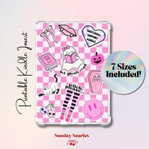 May include: A clear Kindle insert with a pink and white chequered pattern, featuring various pink and black graphics. Includes a bow, lips, a ghost reading, a pumpkin, a coffin, a smiley face, and text that says "Emotional Support Kindle".
