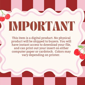 May include: A digital product announcement with the word "IMPORTANT" in brown, set against a cream-colored, wavy-edged shape. The background is a red and pink checkerboard pattern. Cherries adorn the top and bottom.