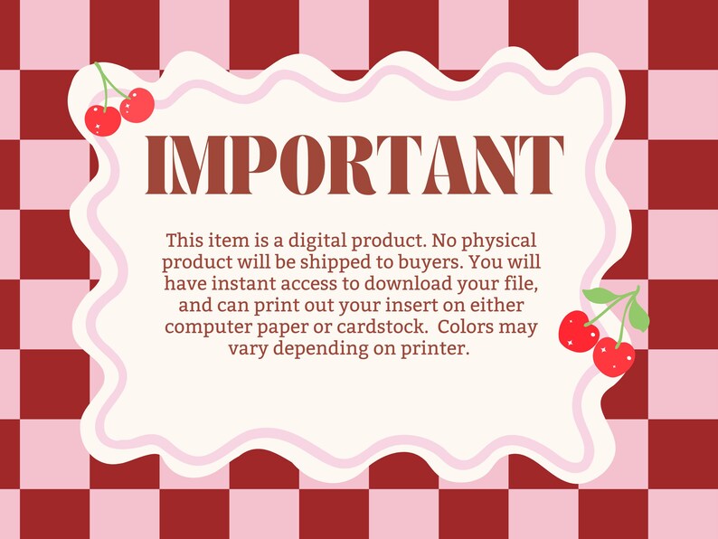 May include: A digital product announcement with the word "IMPORTANT" in brown, set against a cream-colored, wavy-edged shape. The background is a red and pink checkerboard pattern. Cherries adorn the top and bottom.