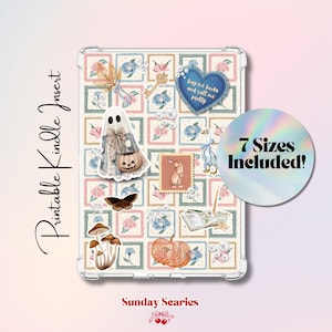 以下が含まれることがあります： ゴーストとカボチャ、ウサギ、花柄など、気まぐれなイラストのコラージュが施された、透明なKindleインサート。テキスト「Printable Kindle Insert」が縦に表示されています。「7 Sizes Included!」を示すホログラフィックステッカー。