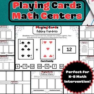 May include: A printable worksheet for a math center activity using playing cards. The worksheet shows a math problem with two cards, a 7 of spades and a 5 of hearts, adding up to 12. The worksheet also includes a section for writing the fact family for the problem.