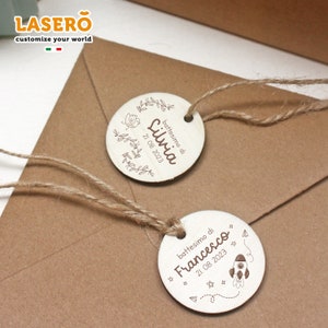 Set di Etichette Bomboniere Personalizzate per Battesimo - Tag Bomboniere in Legno con Nome e Data