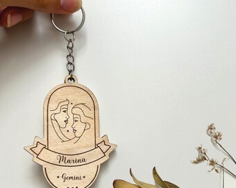 Llavero del zodíaco de madera Regalo del zodíaco para amigos Regalos de astrología Llavero del zodíaco Signo del zodíaco personalizado