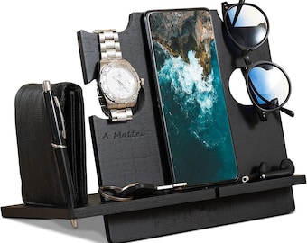 Dock Station In Legno Per Telefono - Organizer Da Scrivania Multifunzione Regalo Per Uomo, Papà, Marito - Porta Oggetti Con Vani Per Orologi E Occhiali