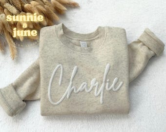 Custom Puff Sweatshirt Name Embossed Crewneck Toddler Puff Sweater Youth School Spirit Shirt Custom Text Pullover Childrens Matching Shirts