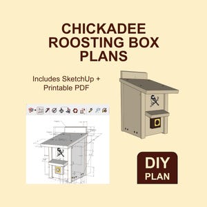 Puede incluir: Planos de bricolaje para una casa de pájaros, con un modelo 3D de una casa de pájaros para carbonero con dimensiones y una ilustración de casa de pájaros. Los planos incluyen SketchUp y archivos PDF imprimibles. El texto "DIY PLAN" está en un rectángulo marrón.