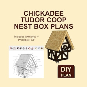 May include: DIY plans for a Tudor-style birdhouse, called a Chickadee Tudor Coop. The plans include a 3D model and printable PDF. The birdhouse is brown with a thatched roof and a round entrance hole.