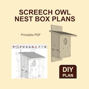 May include: Screech Owl Nest Box Plans, a printable PDF DIY plan. The image displays a technical drawing with dimensions and a 3D rendering of a wooden birdhouse featuring a slanted roof, a circular entrance hole, and a tall back mounting board.