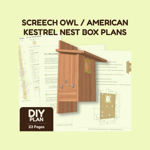May include: A 23-page DIY plan document for a Screech Owl and American Kestrel nest box. The document features technical diagrams, assembly instructions, and a 3D rendering of a wooden birdhouse with a circular entrance and metal hardware.