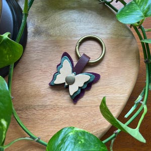 Handmade Butterfly Bag Charm in Champagne, Eucalyptus, and Plum