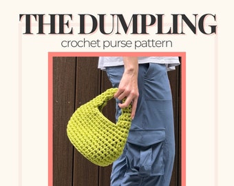 May include: A lime green crochet purse with a rounded shape and a short handle. The purse is held by a person wearing blue pants. The text "THE DUMPLING crochet purse pattern" is displayed at the top of the image. The Etsy shop name is @FAITDUCROCHET.