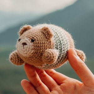 May include: A small crocheted brown and green bear toy with a white nose and black eyes. The bear is being held in a person's hand.