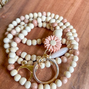 Rosewood Daisy Beaded Teacher Lanyard • Neutral Wood • personalization available • breakaway clasp