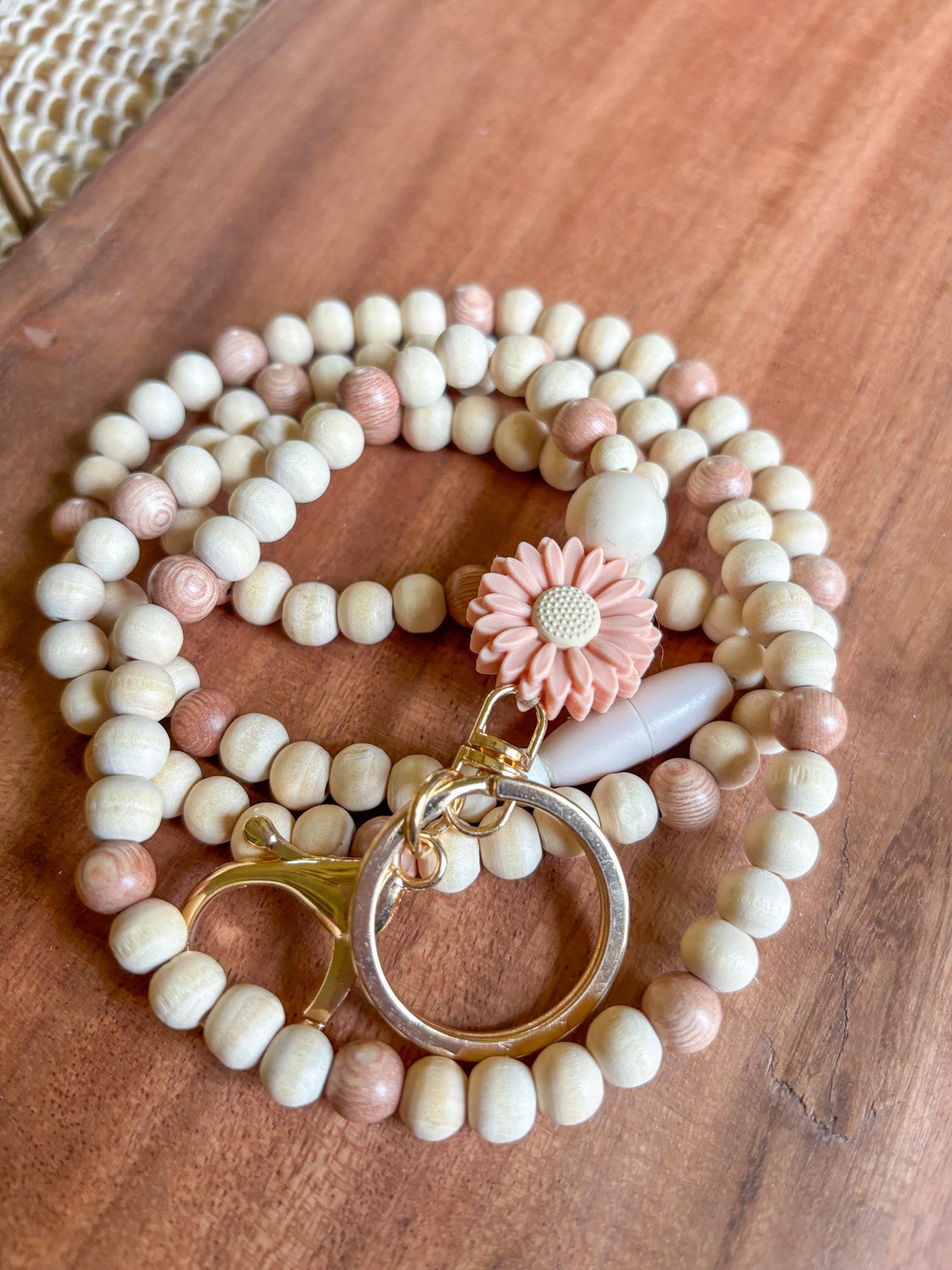 Rosewood Daisy Beaded Teacher Lanyard * Neutral Wood * personalization available * breakaway clasp