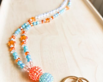 Showgirl Beaded Lanyard | Aqua Orange Crystal Star Accent | Personalized Teacher ID Holder | Breakaway clasp