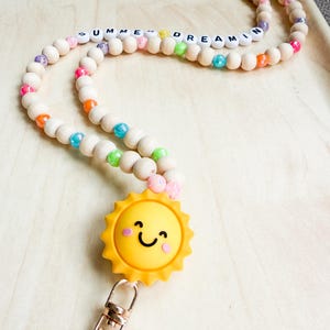 Beaded Teacher Lanyard | Wood Beads, Sun Charm, Breakaway Clasp, Personalization