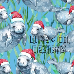 May include: A seamless pattern featuring watercolour illustrations of manatees wearing Santa hats, swimming in a blue ocean with green seaweed. The text "LUKE + CO. DESIGNS" is in the centre of the image.