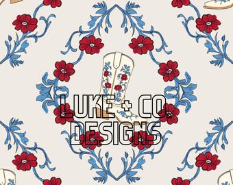 Red, White, and Bloom, Coastal Cowgirl, Digital Paper, Seamless Design