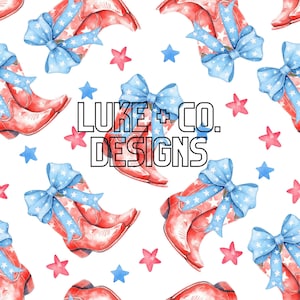 May include: A seamless pattern featuring red cowboy boots with blue and white star-patterned bows. The background is white with scattered red and blue stars. The text "LUKE + CO. DESIGNS" is centered in the pattern.