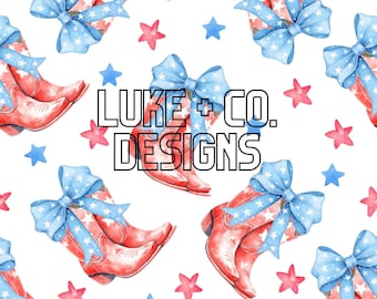 Patriotic Western, 4th of July Coquettes and Cowgirl Boots, Seamless Design, Digital Paper