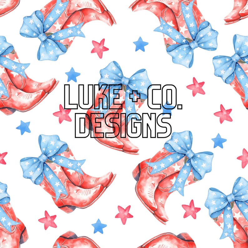 May include: A seamless pattern featuring red cowboy boots with blue and white star-patterned bows. The background is white with scattered red and blue stars. The text "LUKE + CO. DESIGNS" is centered in the pattern.
