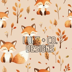 May include: A seamless pattern featuring cute orange foxes with closed eyes and bushy tails, surrounded by autumn leaves in shades of orange, yellow, and brown. The text "LUKE + CO. DESIGNS" is centered on the pattern.