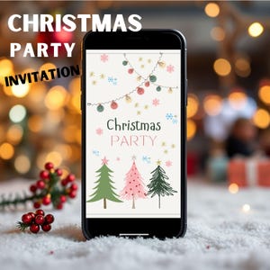 May include: A smartphone screen displaying a Christmas party invitation with a festive design featuring a string of lights, stars, and three stylised Christmas trees. The text on the screen reads "Christmas Party".